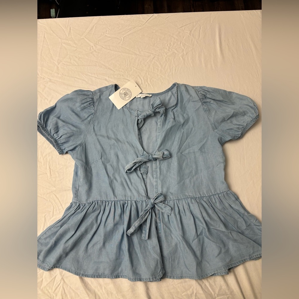 Mine Sky Blue Chambray Bow Accent Shirt Modern Classic Cute